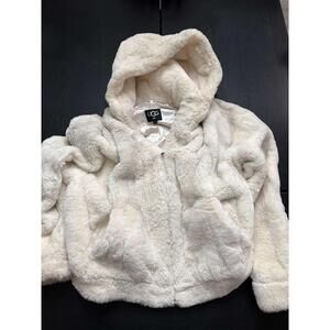 UGG Mandy White Womens Faux Fur Hoodie Jacket w/ Pockets Sz L
